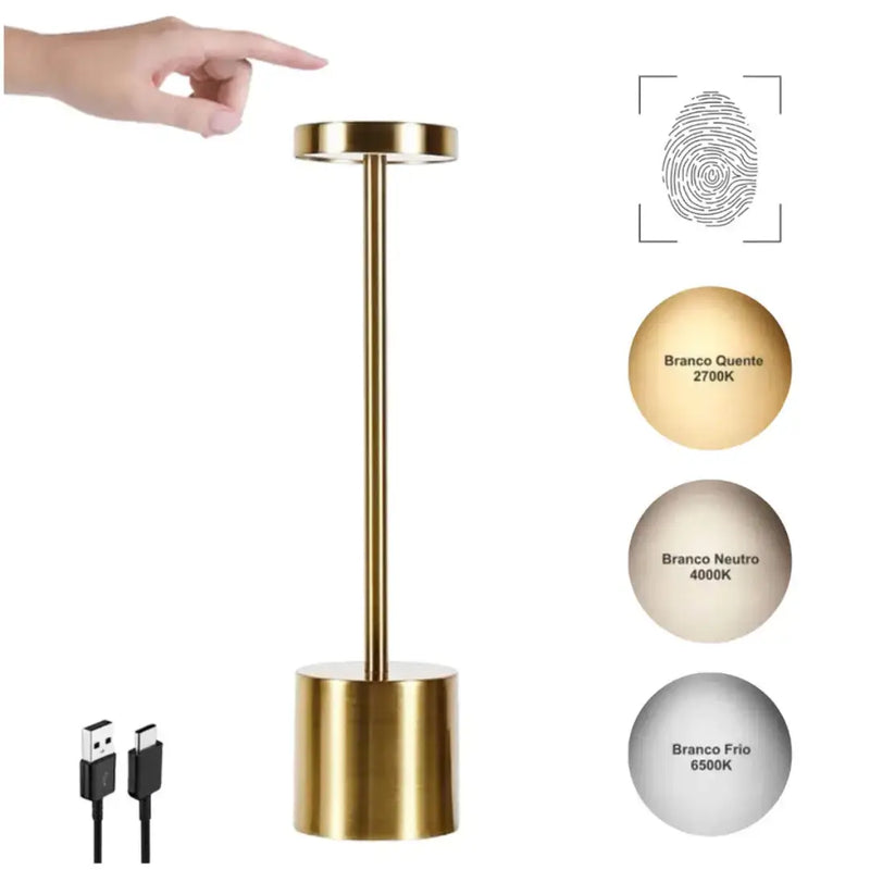 Lâmpada de Mesa LED Recarregável de Metal