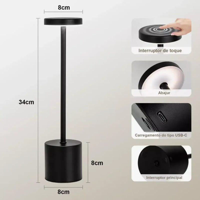 Lâmpada de Mesa LED Recarregável de Metal