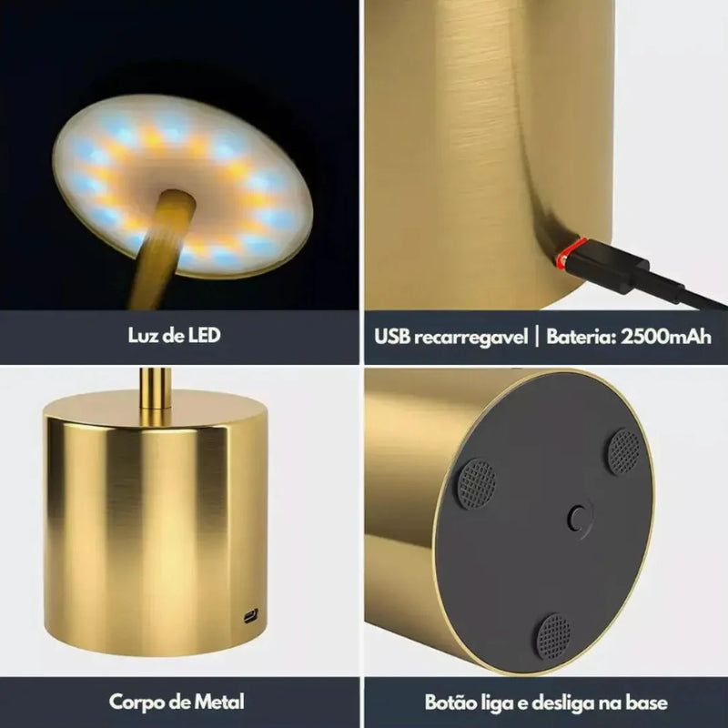 Lâmpada de Mesa LED Recarregável de Metal